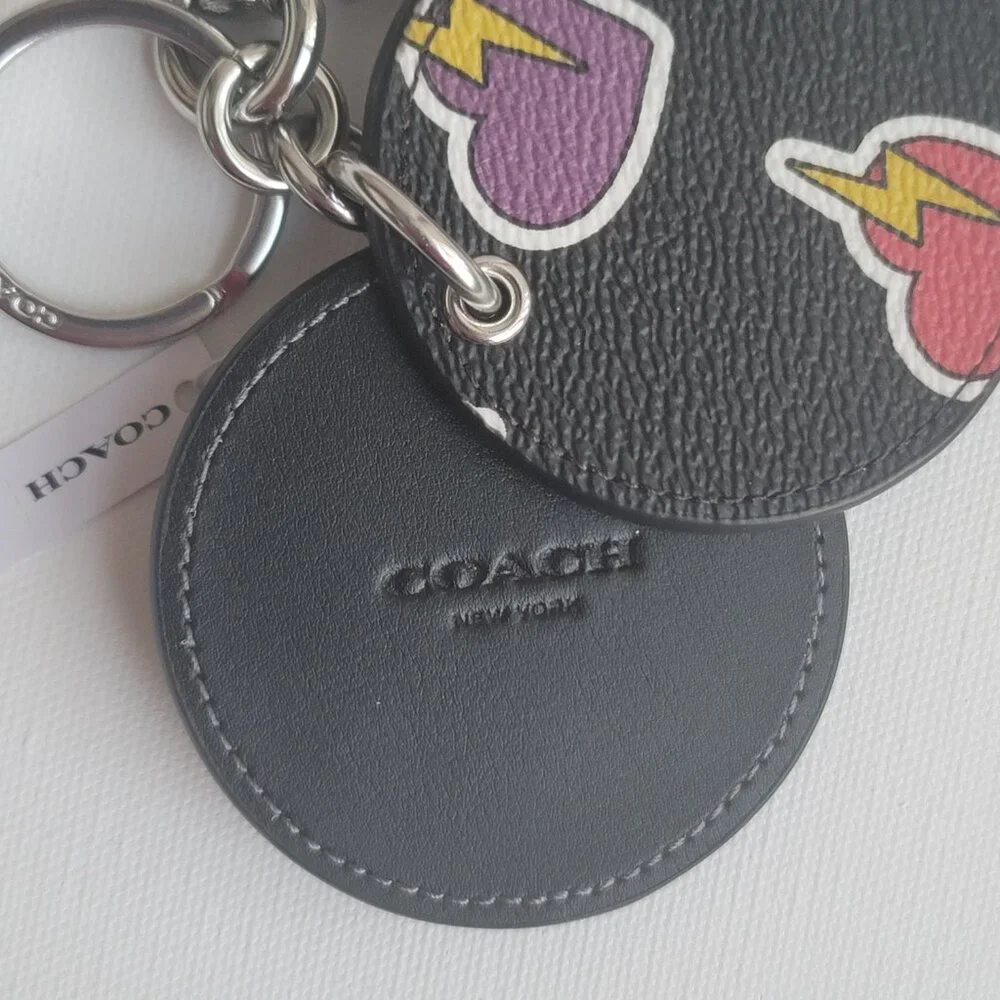 Coach Heart Bolt Print Black Coated Canvas CW475 Mirror Bag Charm Key Chain